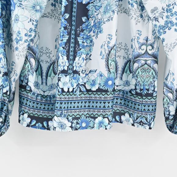 FATE Womens Billow Sleeve Blouse Top Sz S Blue Floral Tie Neck Button Boho Retro - Picture 12 of 12